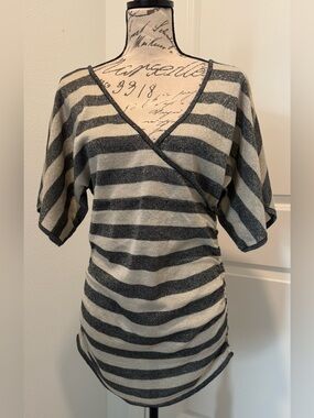 NWT Vintage Pout Striped Metallic Wrap-Style Top with Tie & Side Ruching Detail